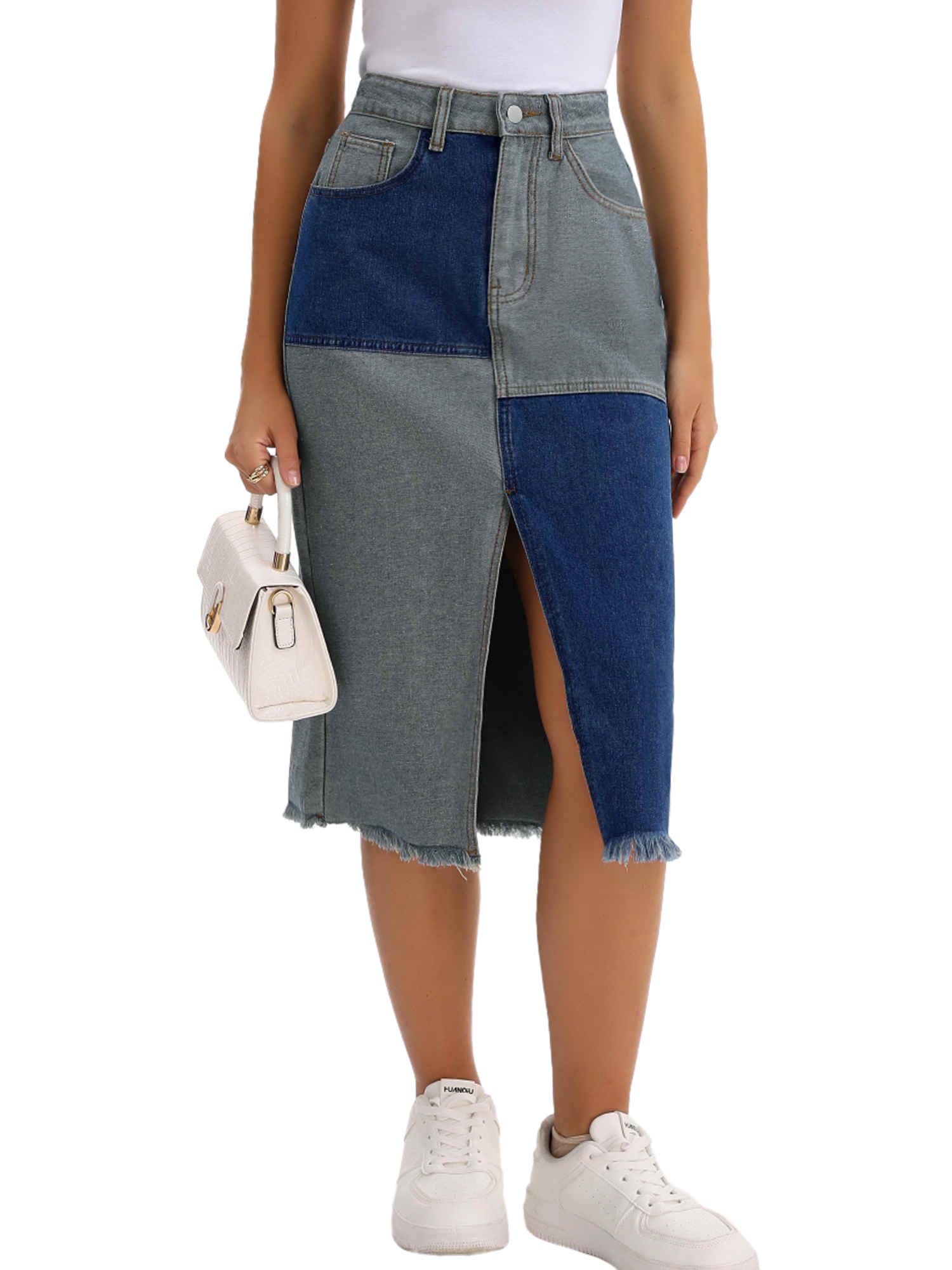 Womens Denim Skirt Patchwork Color Block Raw Hem High Waisted Midi Jean Skirts with Slit