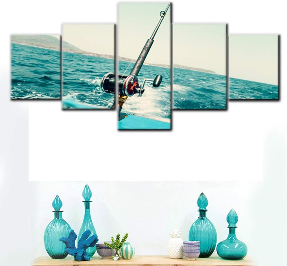Art Work for Home Walls Metal Fishing Trolling Reel Paintings for Bedroom Ocean Ocean Angling Pictures House Decor 5 Panel Canvas Wall Art Giclee Framed Ready to Hang Posters and Prints(50''Wx24''H)