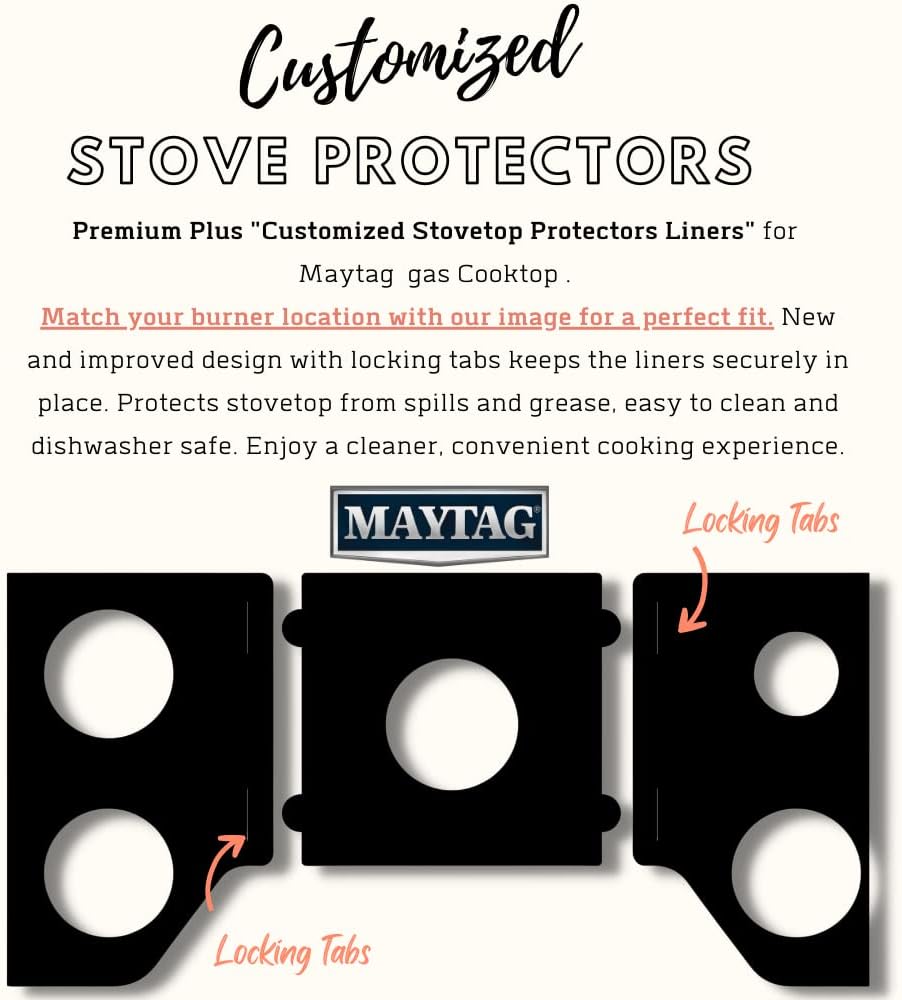 Premium Plus Stove Protectors for Maytag Gas Range Model MGC7536DS00, Custom Cut, Easy to Clean Stove Liner, Made in the USA.
