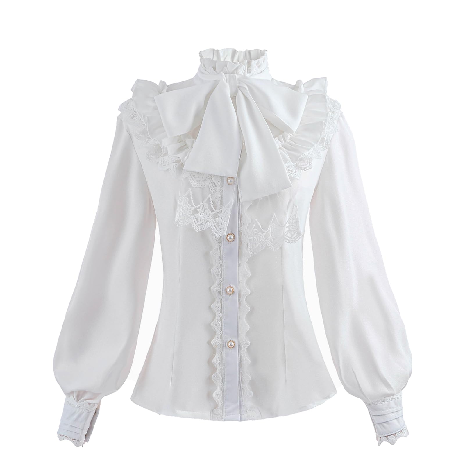 Fiamll Women's Victorian Blouse Vintage Bow Shirt Stand-Up Collar with Ruffles Long Sleeve Shirt