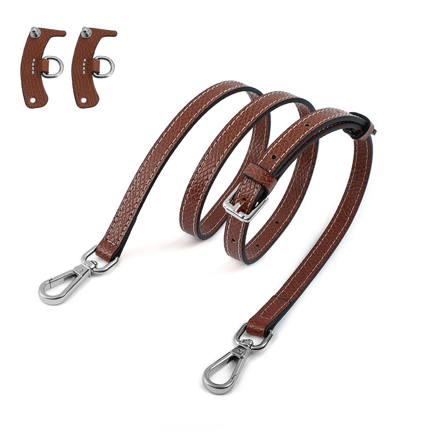 Adjustable Leather Shoulder Strap for Longchamp Mini Pouch - Punch-Free Crossbody Handbag Replacement, Single Handle Conversion Set (Brown Silver)