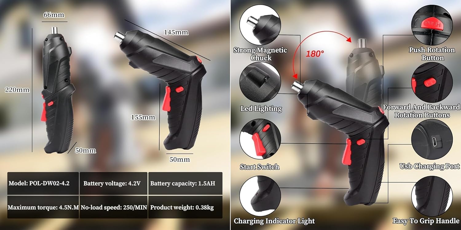 47 in 1 Electric Screwdriver Set, 3.6V Cordless & Rechargeable, 3.5N·m Max Torque, USB Power Rechargeable Screwdriver with 44pcs Driver Bits, Ideal for Small Projects - Image 4 thumbnail