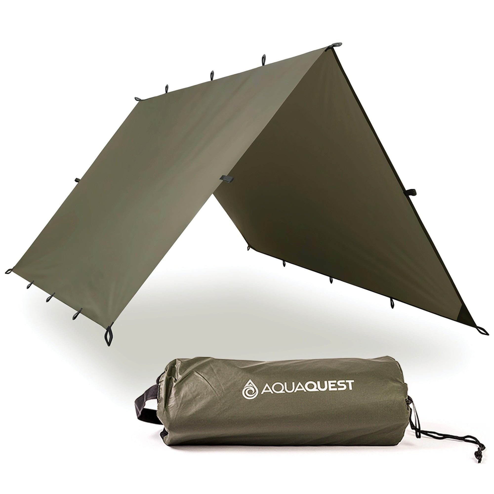 Aqua Quest Defender Tarp - 100% Waterproof Heavy Duty Nylon Bushcraft Survival Shelter - 10x7, 10x10, 13x10, 15x15 Camo or Olive Drab (Olive Drab, 10 x 10 ft)