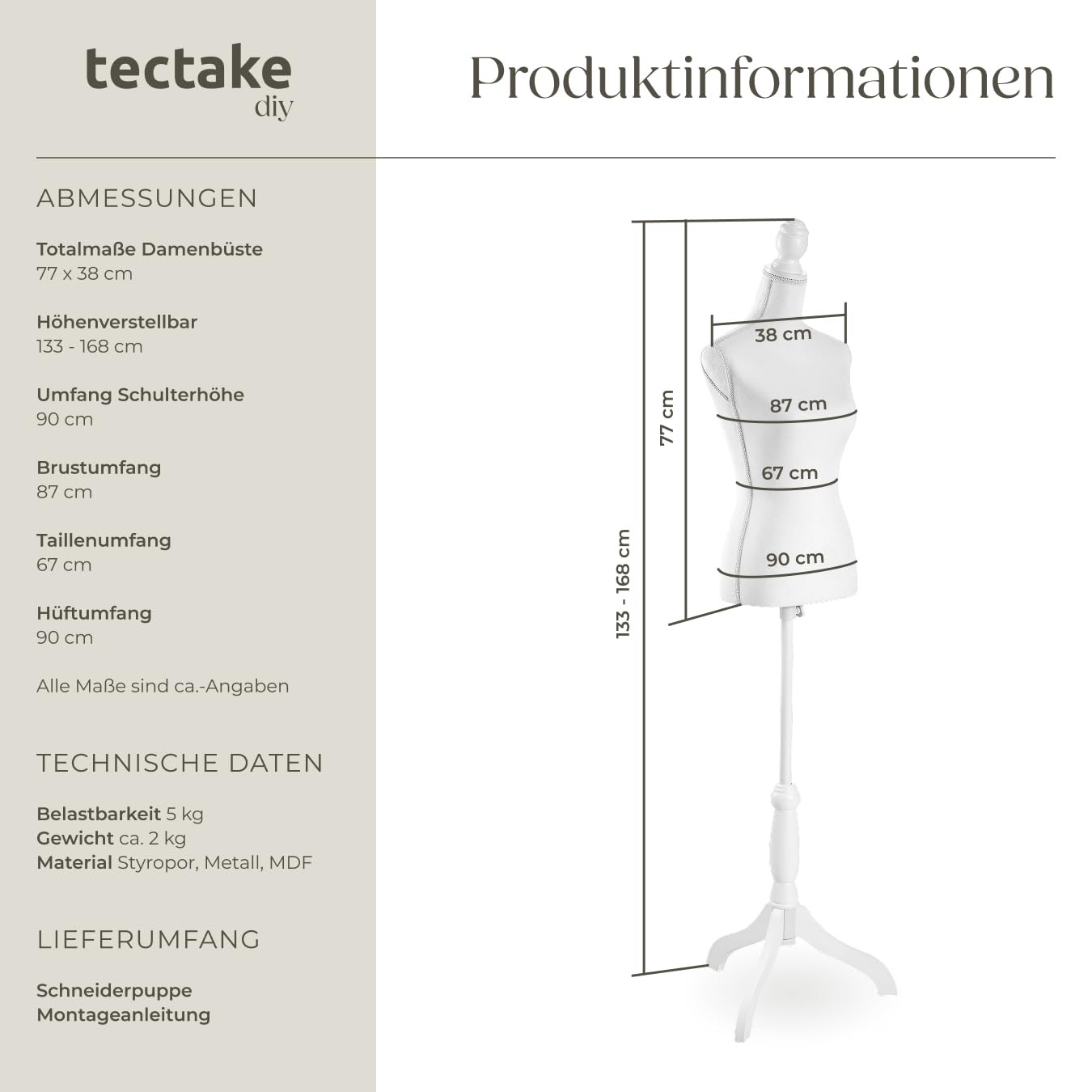 tectake® Schneiderpuppe verstellbar, Schaufensterpuppe weiblich, Damenbüste Mannequin, Büste, Kleiderpuppe, Nähpuppe, Schneiderbüste, Stehpuppe, Kleiderpuppe Damen - weiß