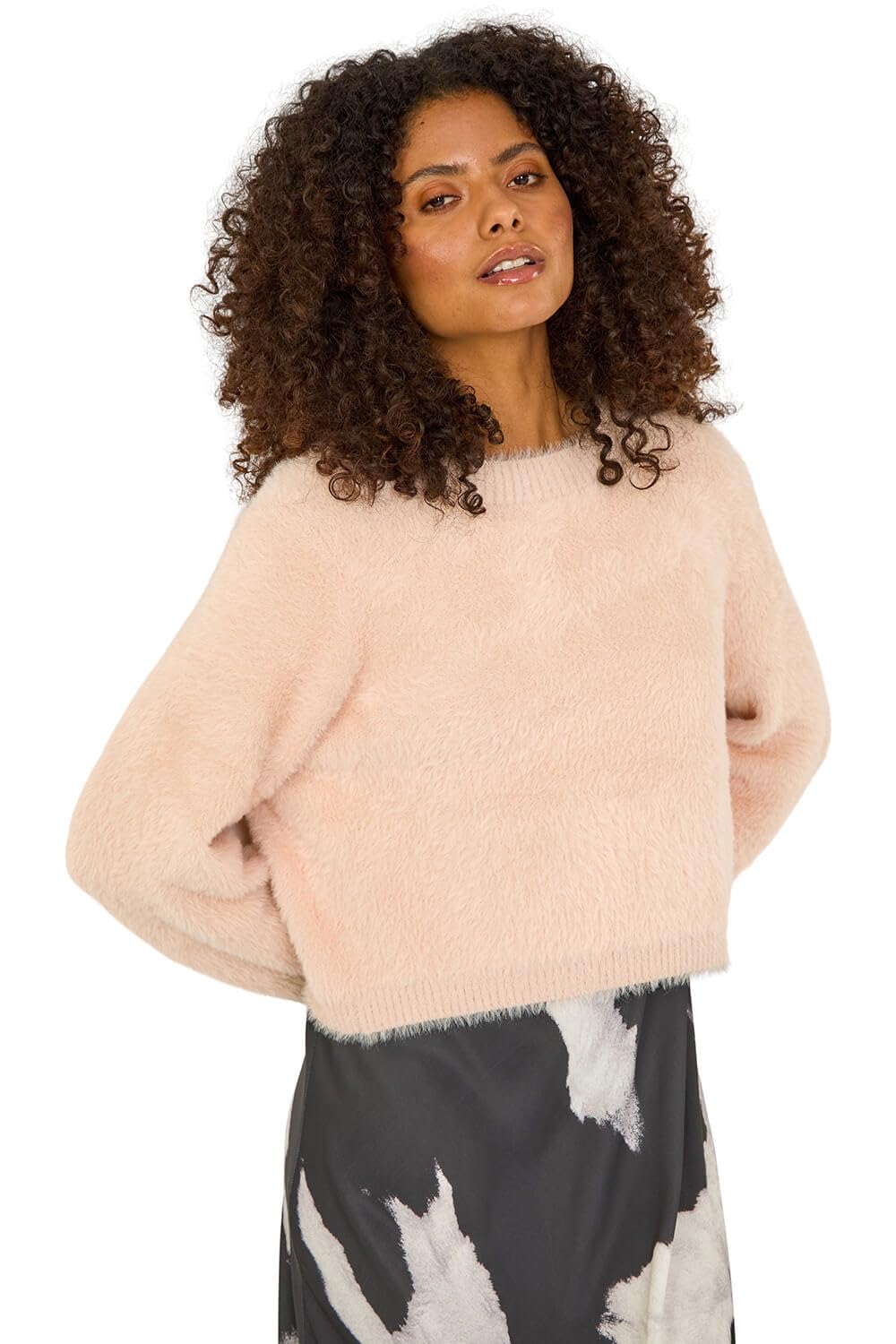 Roman Originals Women's Pink Dusk Fashion Fluffy Long Sleeve Knit Jumper For Uk - Everyday Autumn Winter Round Neckline Comfy Soft Evening Vacation Work Party Night Out - Size 16