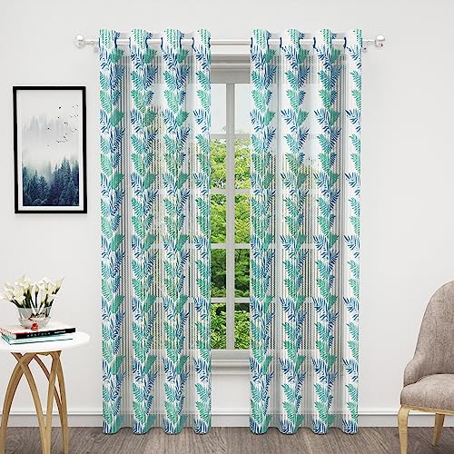 Image of Sheer Door Curtains Home Curtains 7 Feet for Hall and Personal Living Room |Leaf| Teal & White |Polyester, Pack of 10