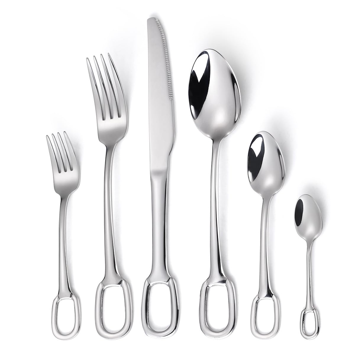 1 juego de 6 piezas de vajilla creativa de acero inoxidable 304, anillo for cuchara, cuchillo y tenedor for carne, for hotel, hogar, con orificio for colgar, tenedor, cuchara de té(Silver)