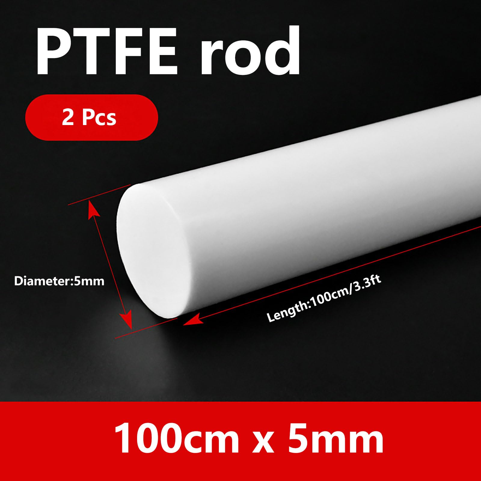 Tiges en PTFE (Téflon) - Lot de 2, 100 cm - Diamètre 5-15 mm, usinables, résistantes aux produits chimiques, antiadhésives, for projets de bricolage et industriels.(5mm)
