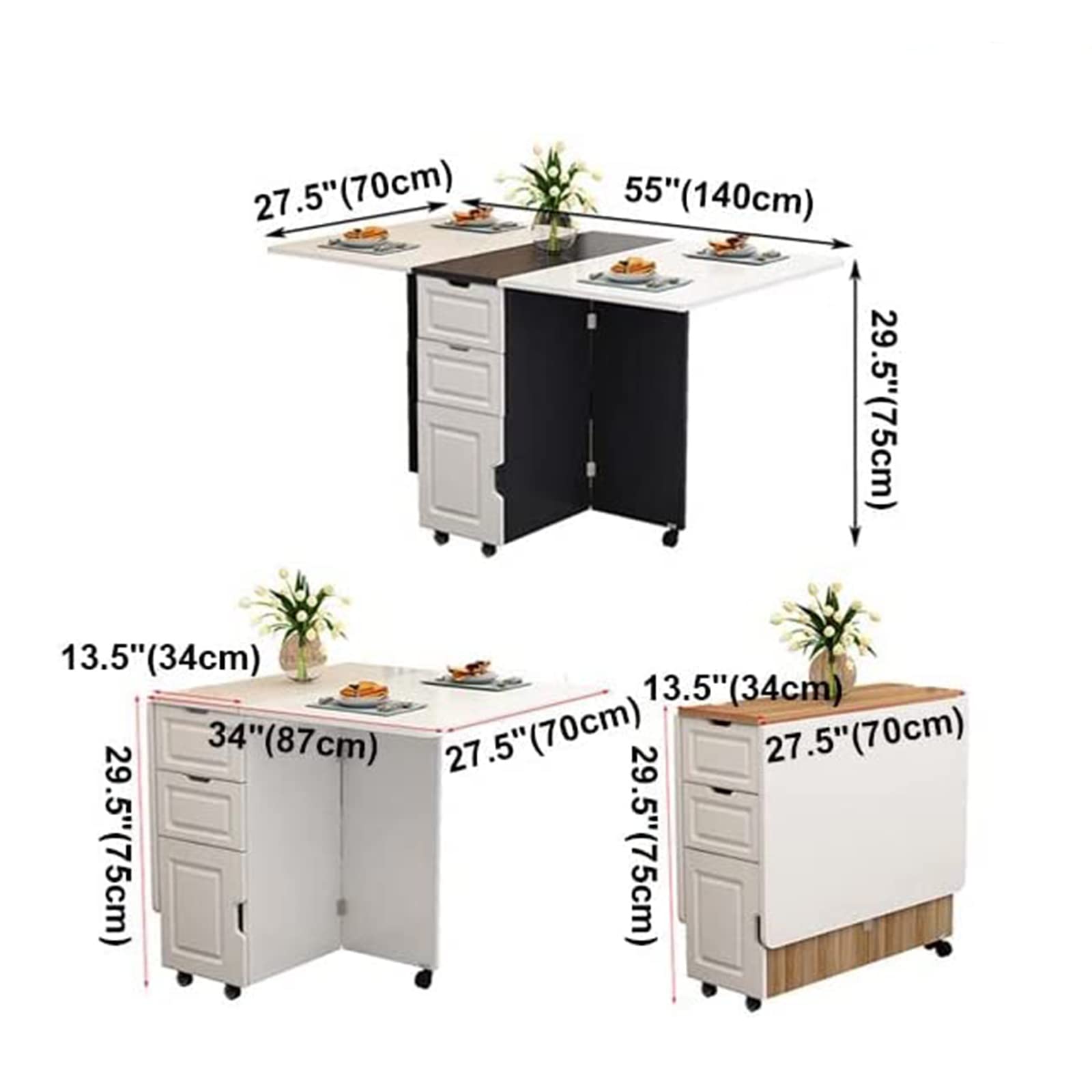 Table de Salle à Manger Pliante rectangulaire en Bois multifonctionnelle avec tiroirs de Rangement, Table de Cuisine Peu encombrante, Table de Salle à Manger pour Petit Appartement
