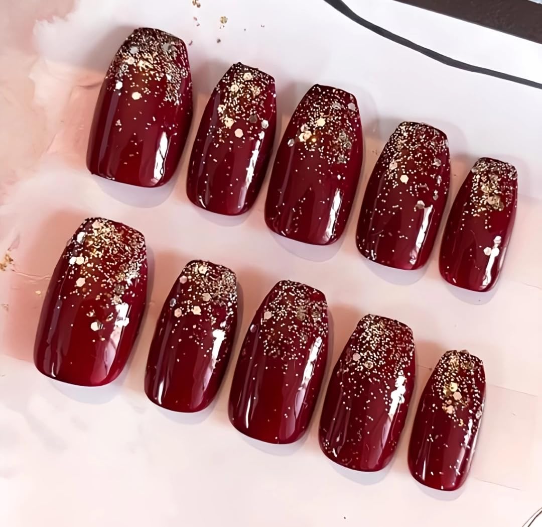 Artificial Nails: Glossy Maroon With Golden Glitter Ombre/Shape Coffin (Set of 20 with nail glue, nail file, cuticle pusher, cleaning wipe)-image-49