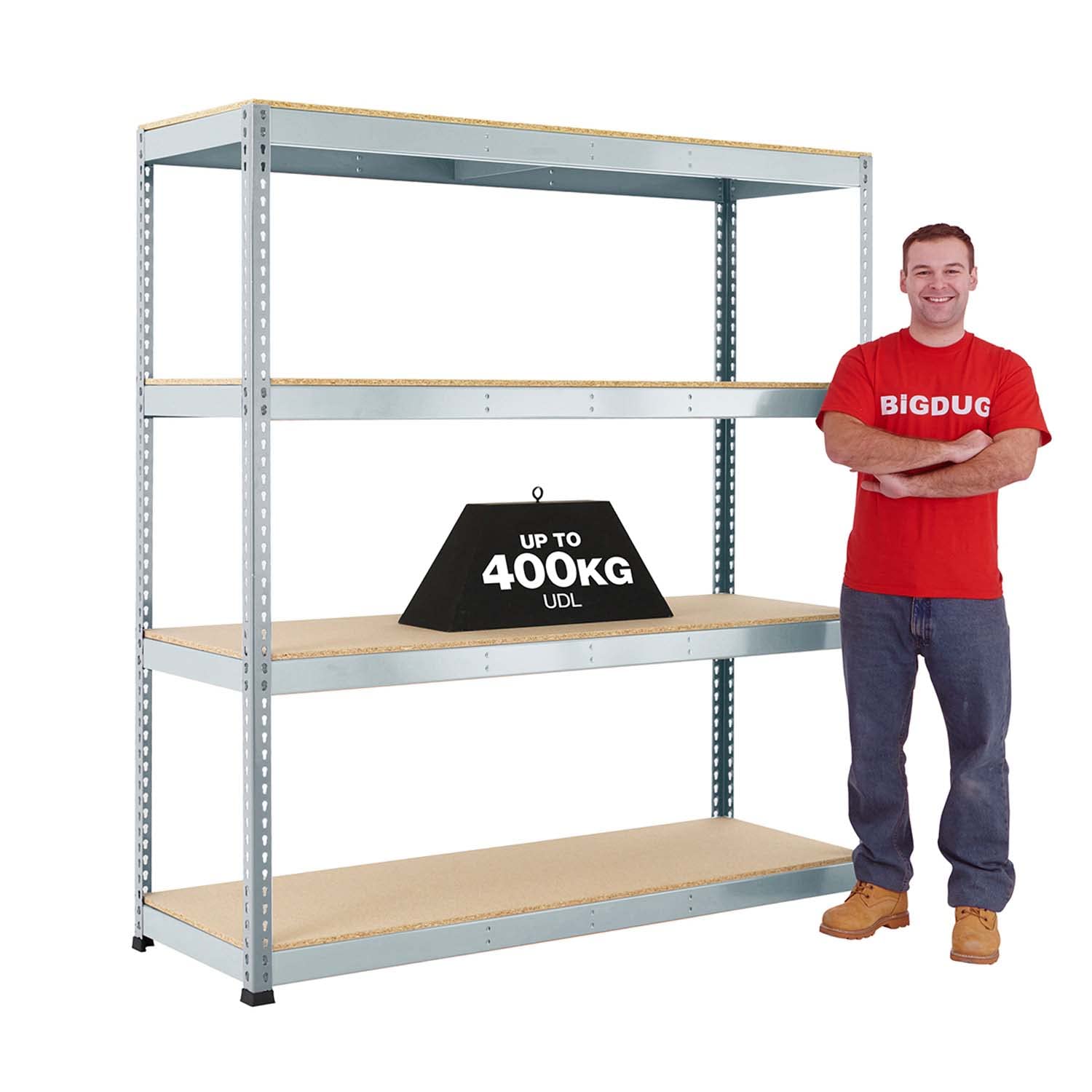 BiGDUG Heavy Duty 4 Tier Shelving Unit - Steel Racking - 198cm x 152.5cm x 61cm - 400kg Capacity Per Shelf - 1600kg Load Per Shelving Bay - Galvanised