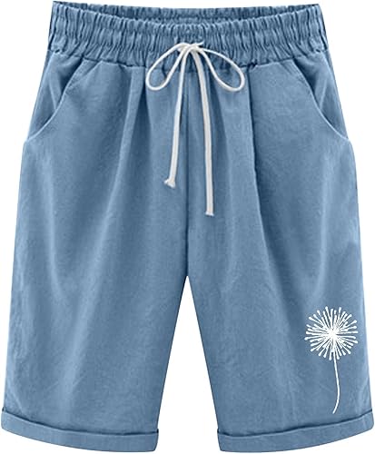 Bermudas de algodón y lino para mujer, hasta la rodilla, con cordón, ajuste holgado, pantalones cortos de senderismo cómodos con bolsillos