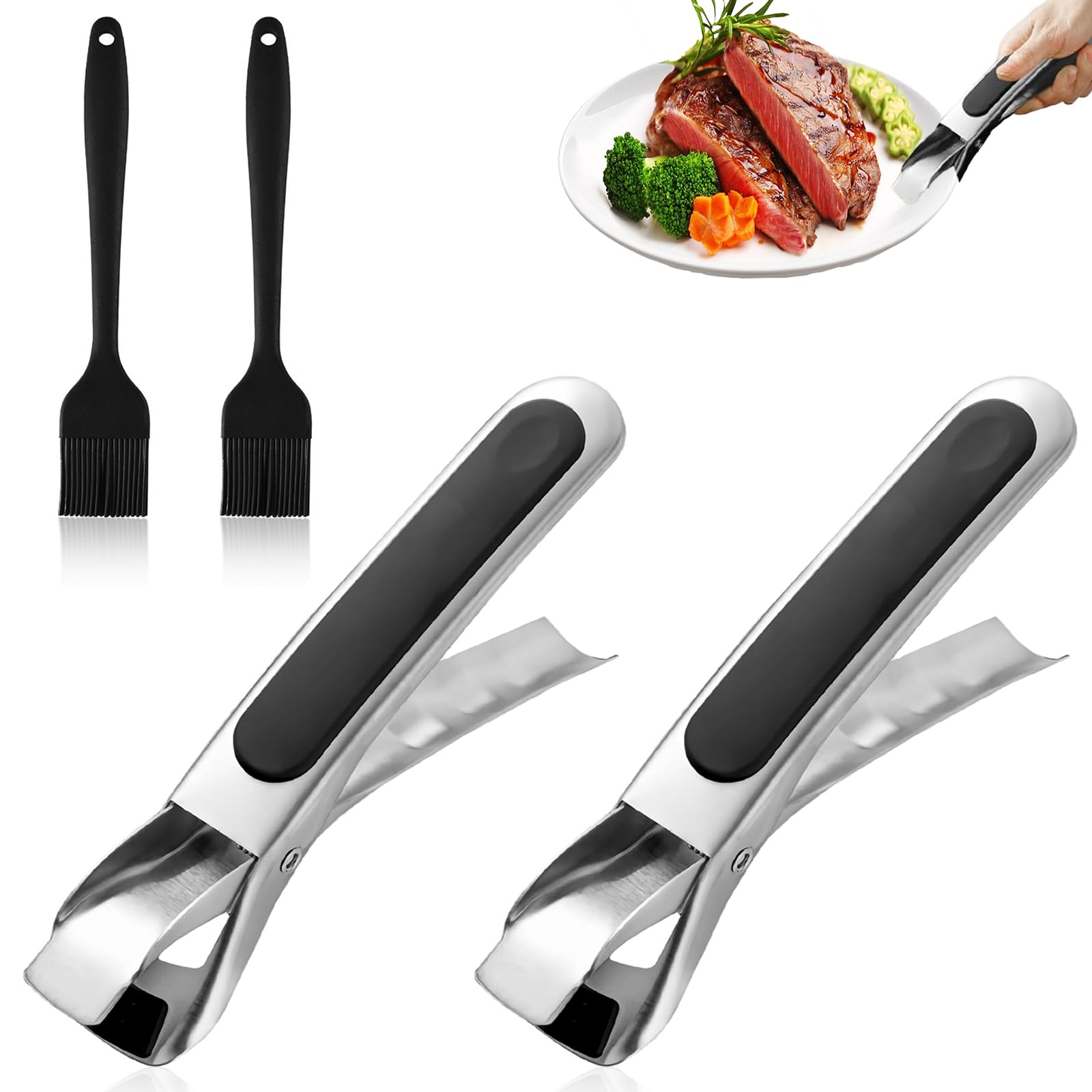 Pack De 2 Alicates Para Airfryer/horno – Acero Inoxidable, Con Cepillo De Silicona, Antideslizantes Y Antiquemaduras