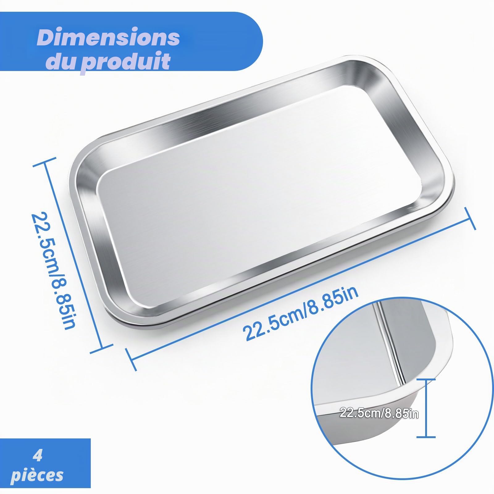 4 Pièces Plateau à Instruments, Plateaux Rectangulaires en Acier Inoxydable, Réutilisable Plateau de Laboratoire pour Les Salons de Beauté, Les Cliniques Vétérinaires, Les Cbinets Dentaires