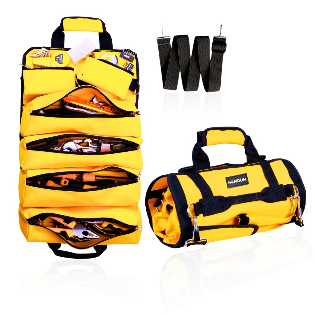 Homdum Tool Bag Tools Storage Bag Portable Roll Up,Heavy Duty Tool Organizer with 4 Zipper Pocket & 2 Detachable Tool Pouch waterproof for Electrician Plumber Technician Nylon Matrial(Yellow/Black)-image-30