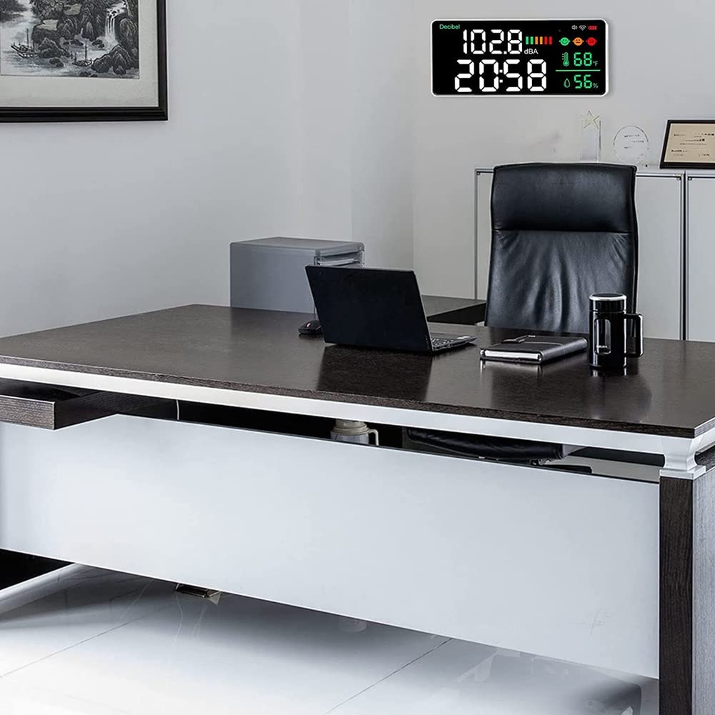 Lizusidtsy 4-In-1 Decibel Meter LED Decibel Meter WiFi Wall Mounted Sound Level Meter Digital Clock Temperature Humidity Meter, 30-130DBA DB Meter, White