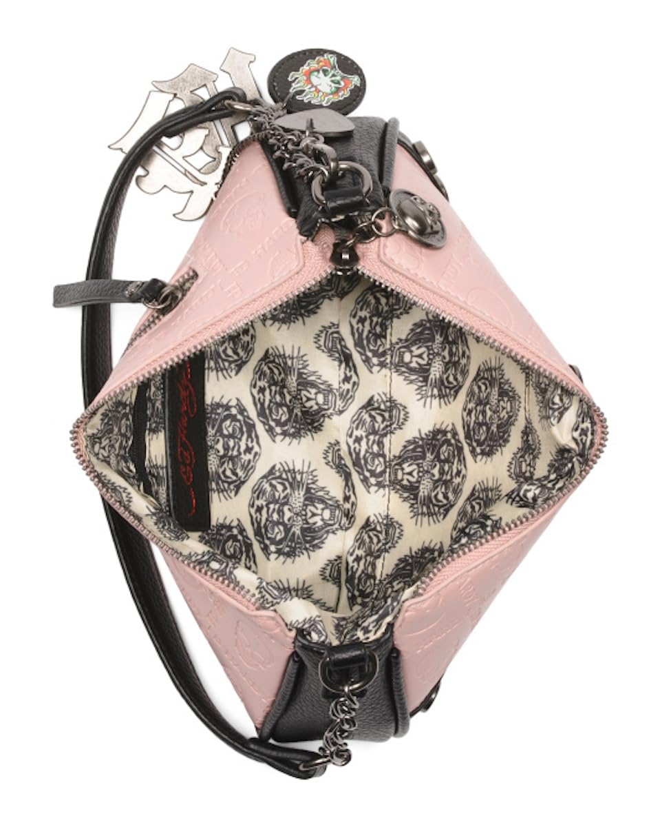ED HARDY Borsa a tracolla con teschio goffrato, mini borsetta effetto pelle con tracolla a catena e ciondolo, borsa compatta