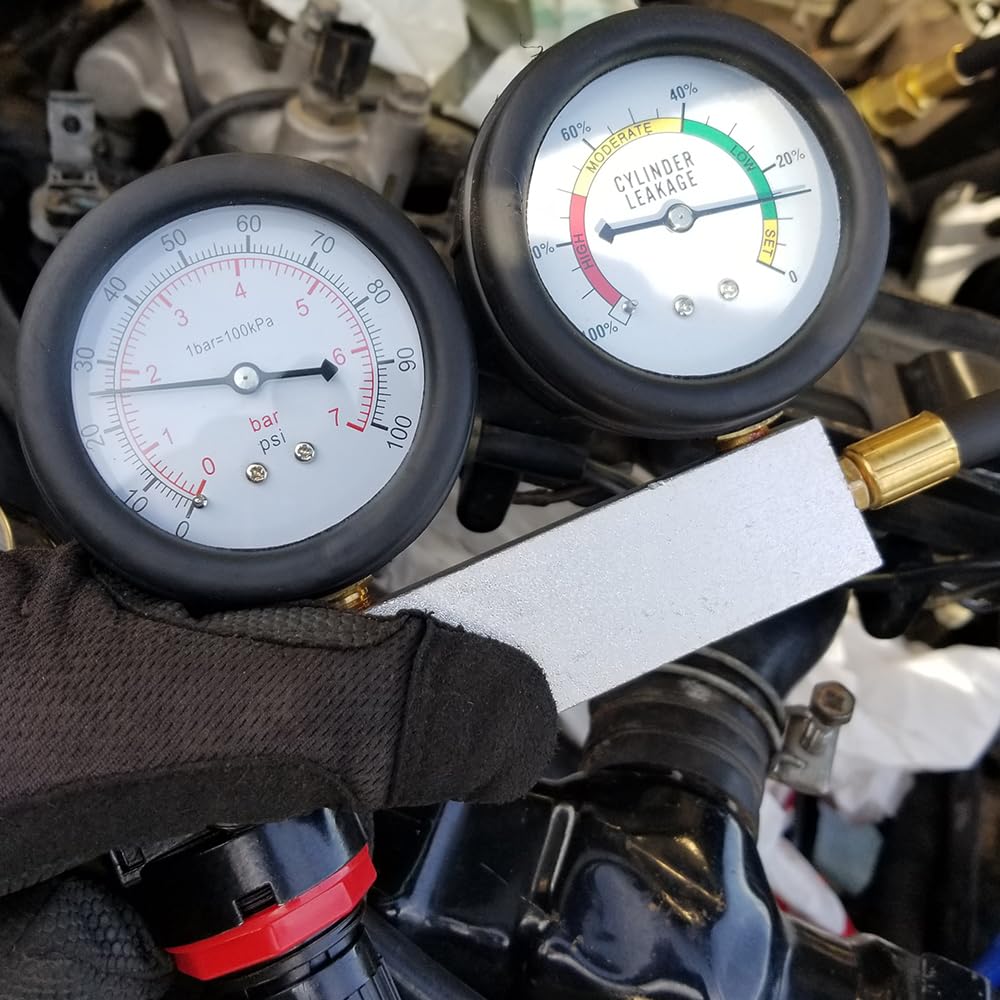 Kit multifunzione per test di perdite nei cilindri, include tester di compressione del motore con doppio manometro per controllo pressione e tasso di perdita, completo di asta di estensione