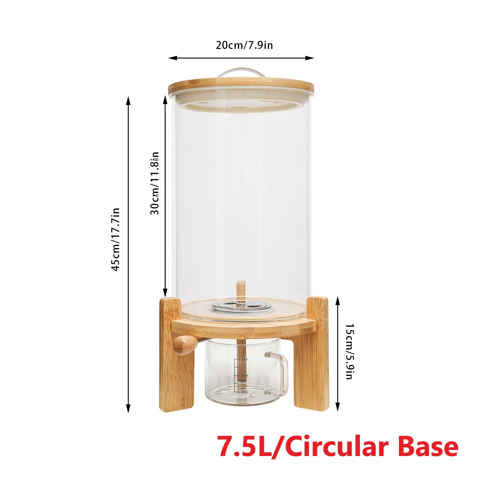 DOONARCES 5L/7.5L Rice Dispenser Cereal Dry Food Dispenser Grain Storage Container Beans Storage Glass Tank with Valve+Lid+Measuring Cup+Wooden Stand for Grains Beans Rice (7.5L)