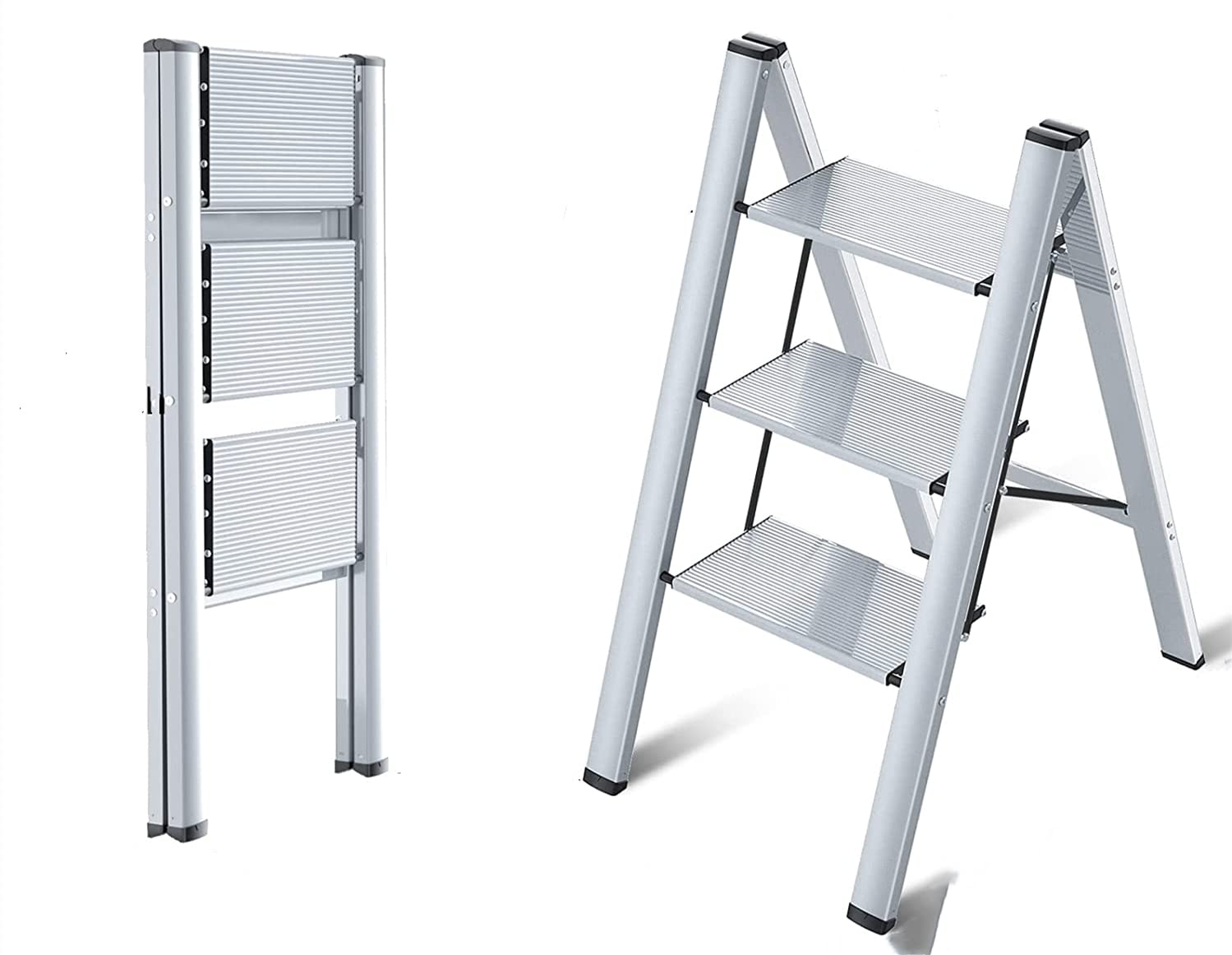 Sunrise 3 Step Ladder Aluminum Folding Step, Stool with Anti-Slip Sturdy and Wide Pedal Lightweight, Portable Multi-Use Stepladder for Home and Kitchen Use Space Saving (3 Steps, White)