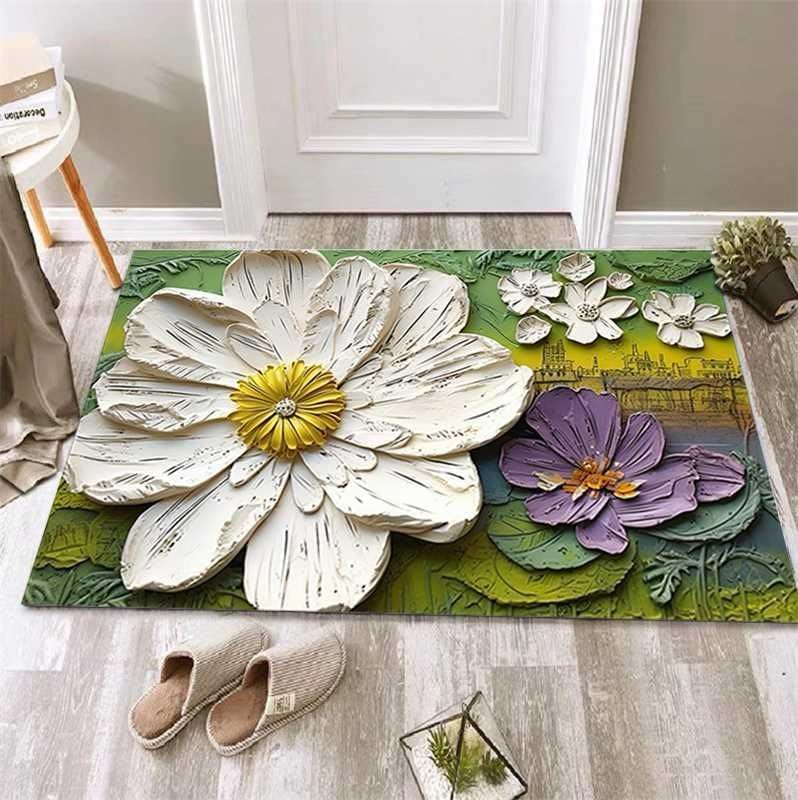 Image of Printed Bathroom Mat & Door Mat - Anti-Slip Soft Velvet Floor Rug with 3D Flower Design, Absorbent & Washable - for Home, Bedroom, Living Room, Entrance - Multicolor