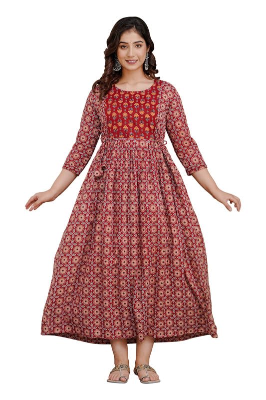 Image of Women's Pure Cotton Printed Maternity Gown /Maternity wear /Feeding Gown A-line Maternity Feeding Dress Maternity Kurti Gown for Women