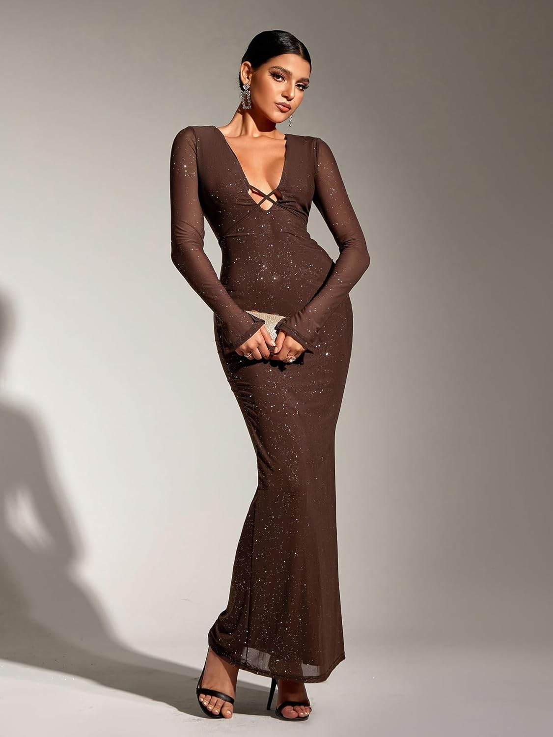 KUTUMAI Women Sexy V Neck Sequin Long Sleeve Bodycon Maxi Dress Sparkly Ruched Gown Evening Formal Dresses - Image 5
