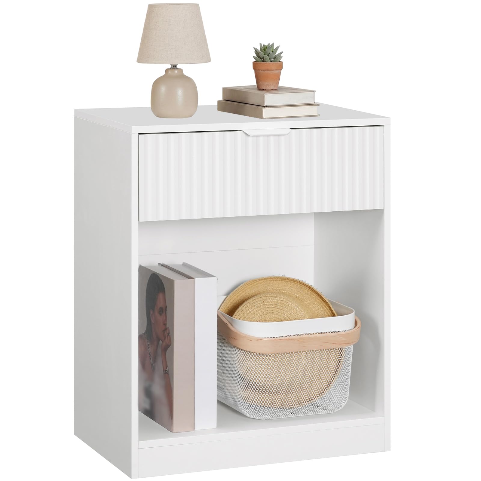 HOOBRO Table de Chevet à Panneau Ondulé avec Espace de Rangement Ouvert et 1 Tiroir, Table d’Appoint Style Ferme avec Poignée Métallique, pour Chambre, Salon, Bureau, Blanc EWT208BZ01