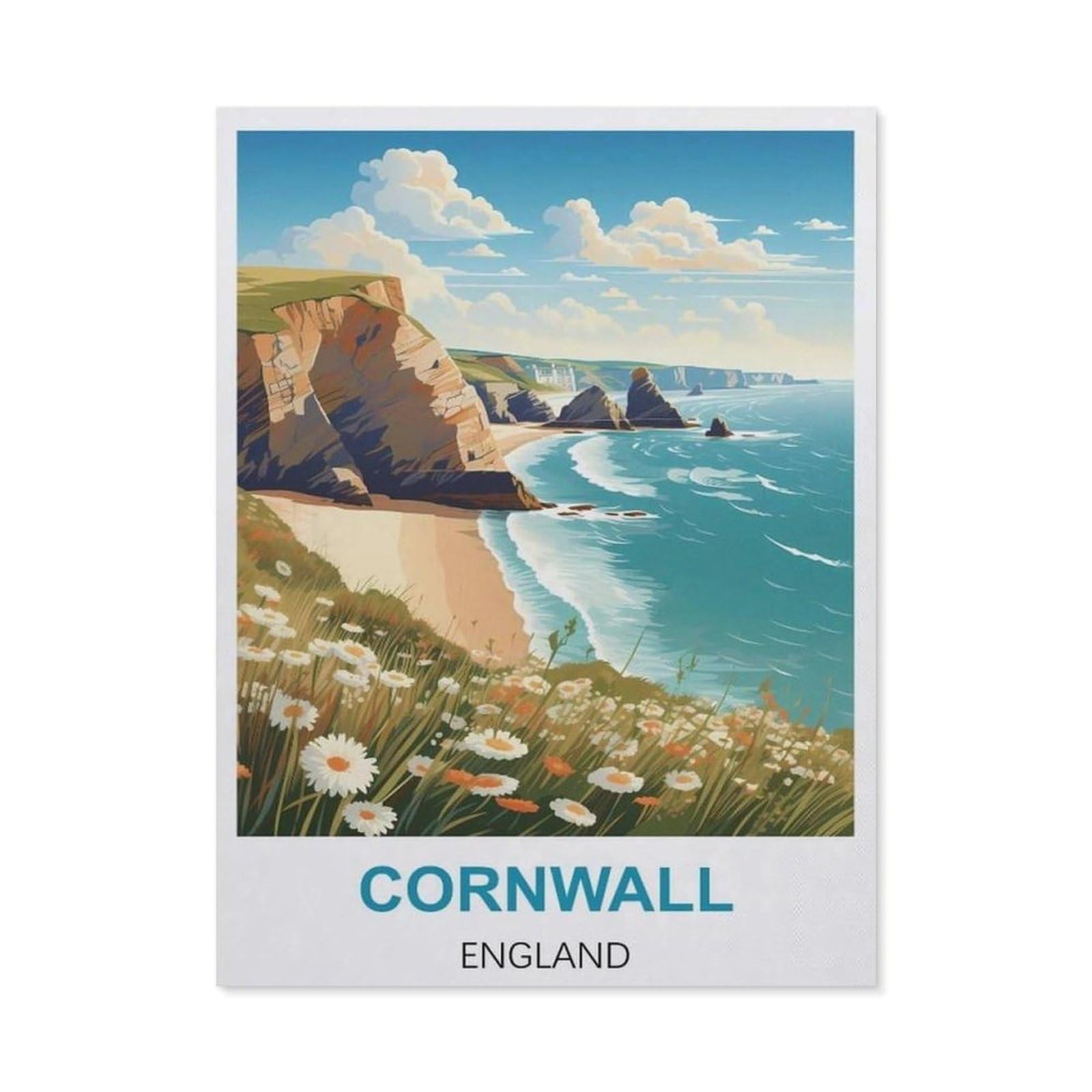 BEAYODKP Cornwall England Vintage Travel Poster，5D DIY Diamond Painting Full Round Drill Diamond Embroidery Cross Stitch Rhinestone Mosaic Paintings Art（50 x 60 cm/19.68 x 23.62 inches）-CB2
