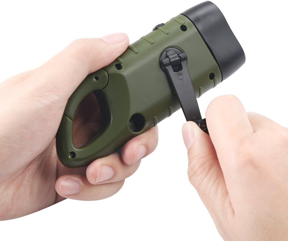 Simpeak Hand Cranking Solar Powered Flashlight, Rechargeable Emergency LED Flashlight Carabiner Dynamo Quick Snap Clip Backpack Flashlight Torch for Outdoor Camping Climbing Hiking (Green)