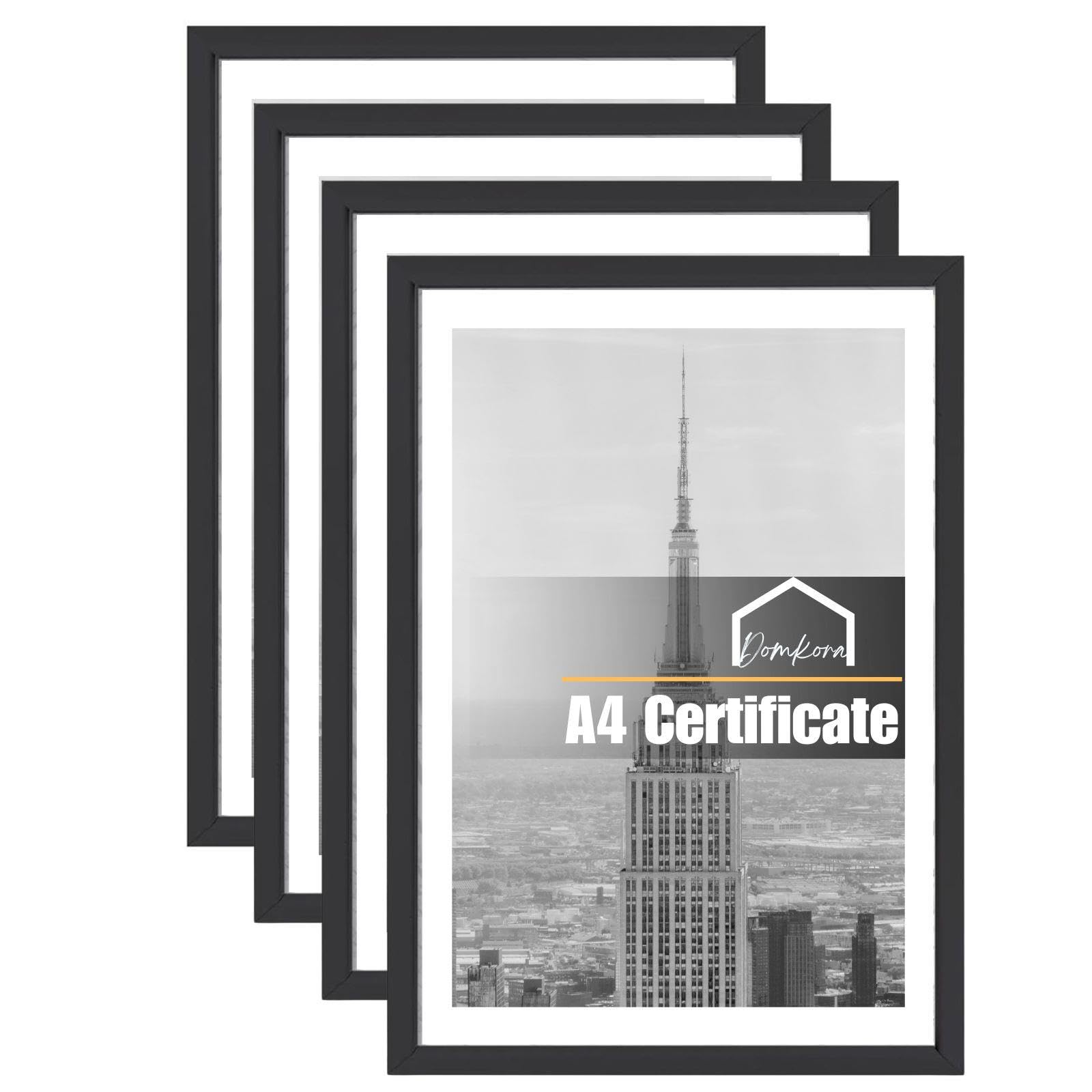 Pack 4 Black Picture Frames A4 - Plastic Photo Frame Styrene Front - Document Certificate Frame Family Photos - Portrait Landscape Wall Hanging Tabletop Standing