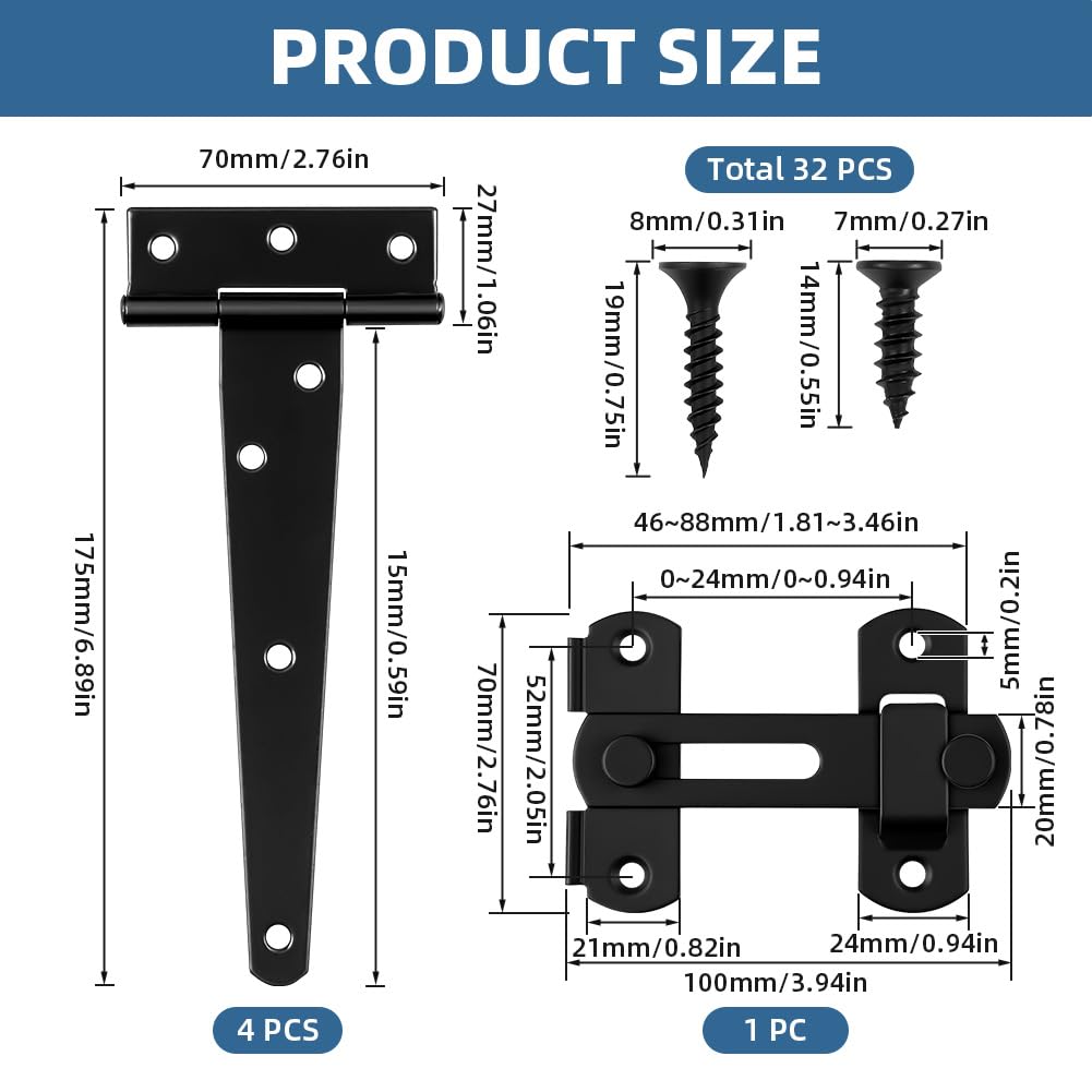 HOTUT 4X 6 Tee Hinges, Heavy Duty T-Hinges with 1 Stainless Steel Door Latch, Metal T Hinge with Rustproof Coating - Image 2