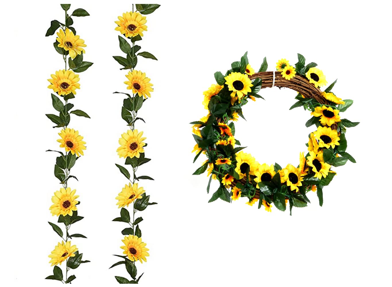 QUUPY 2 Pack Artificial Sunflower Garland Silk Sunflower Vine Artificial Flowers Green Leaves Fabric for Wedding Table Garden Home Birthday Party Decor
