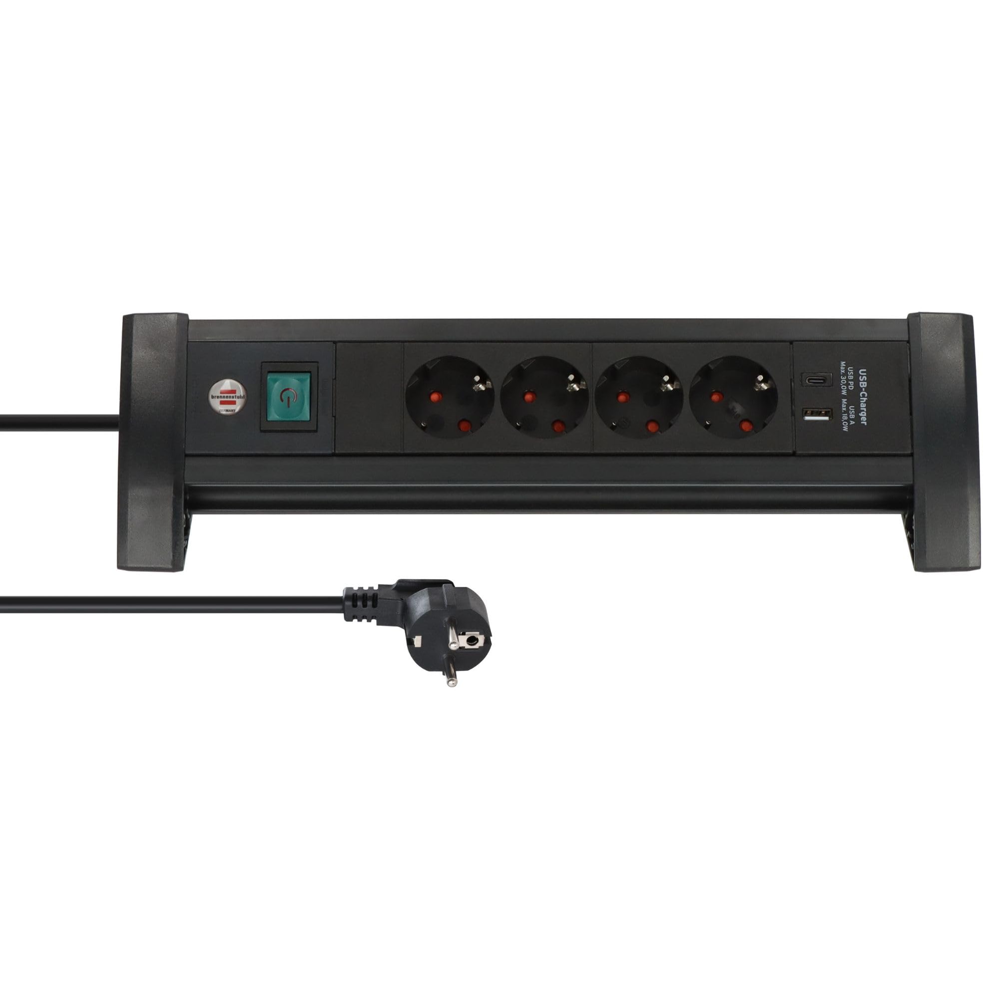 Brennenstuhl Premium Office-Line Regleta de 4 enchufes con USB C PD 30W y USB A 18W (Fabricado en Alemania, regleta con Cable de 1,8m e Interruptor, para el Escritorio) Negro