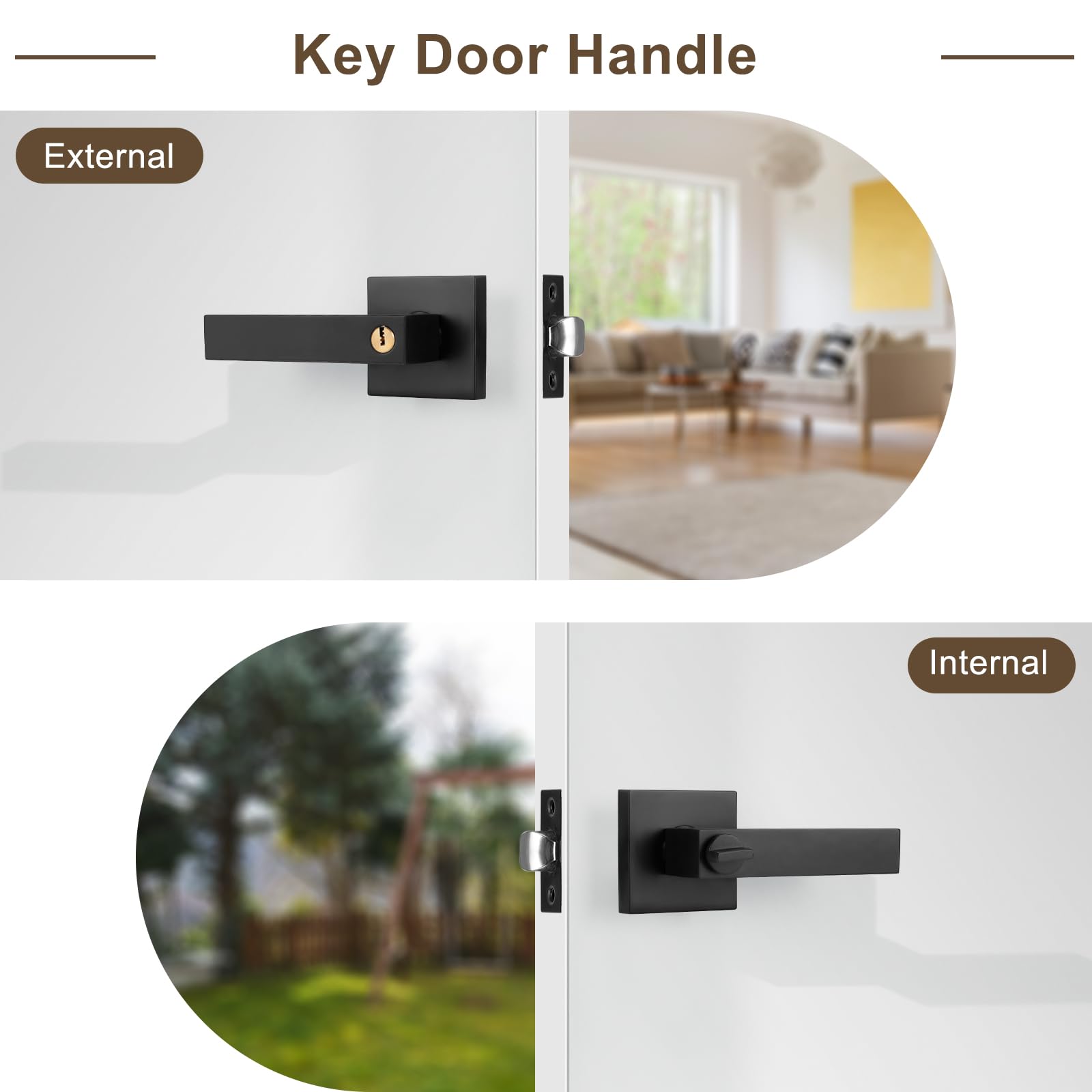 Juego de Manillas para Puerta Manija de Puerta con Cerradura y Llave Maneta Cuadrada Puerta Exterior con Llaves para Dormitorio Negro Reversible para Puertas con Apertura a la Derecha o a la Izquierd
