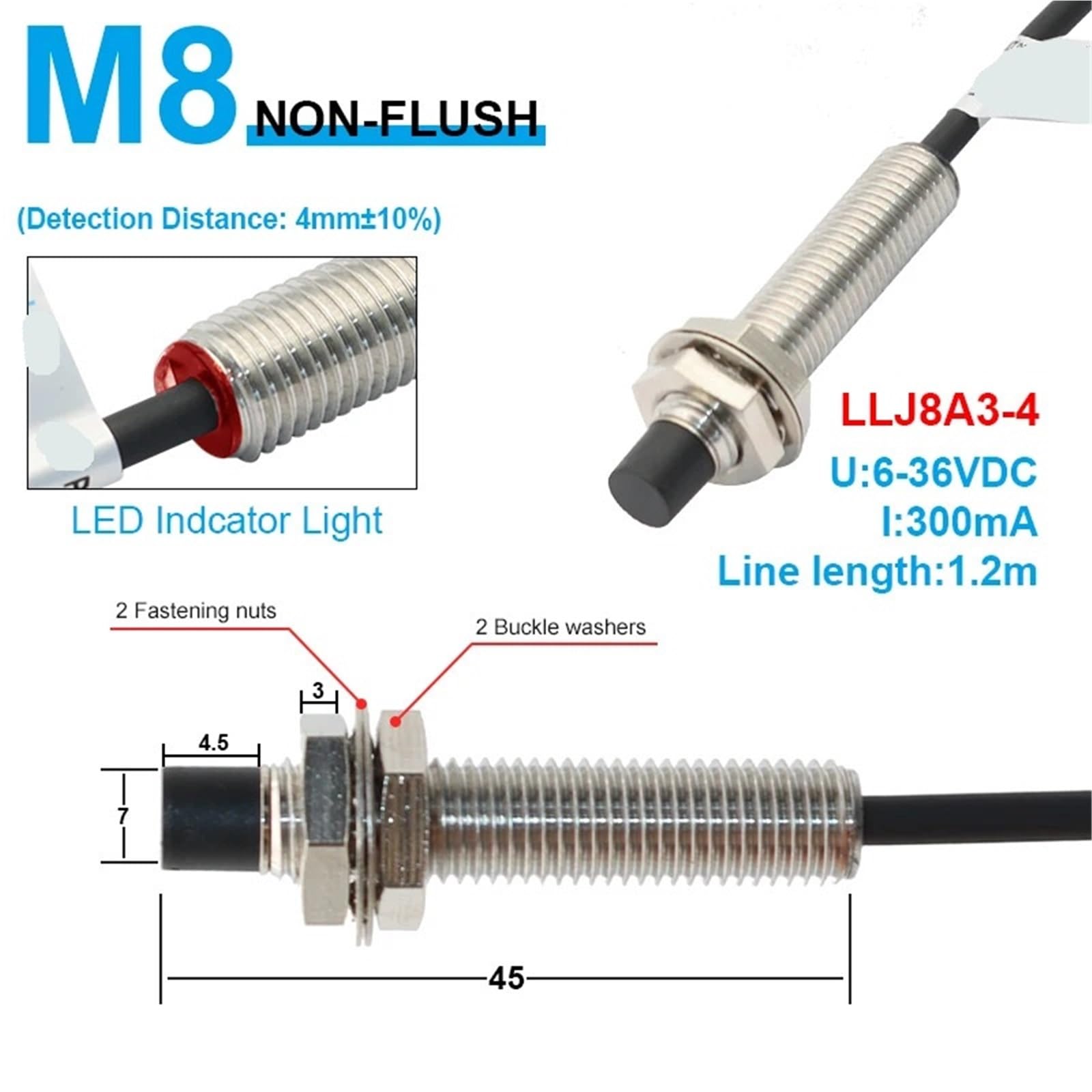 1 szt. M8 M12 M18 czujnik zbliżeniowy dalekiego zasięgu zasięg wykrywania 2/4 4/8 10/15 15/25 mm PNP NPN NO NC LLJ12A3 AC DC 6-36V (LLJ8A3-2, NPN NO)