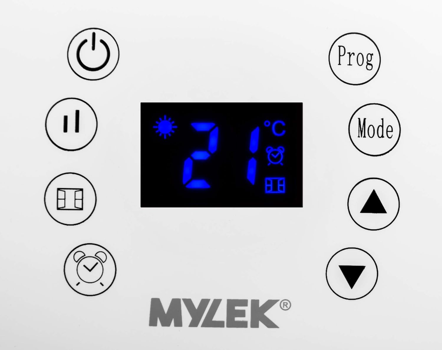 Close-up of the MYLEK Electric Fan Heater MY1400TE control panel