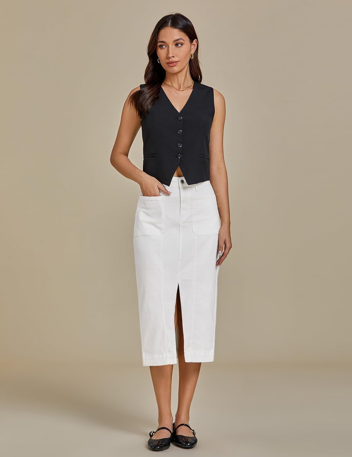 luvamia Jean Skirts for Women Denim Trendy Casual Stretchy High Waisted Midi Front Pockets Below Knee Skirt with Slit - Image 7