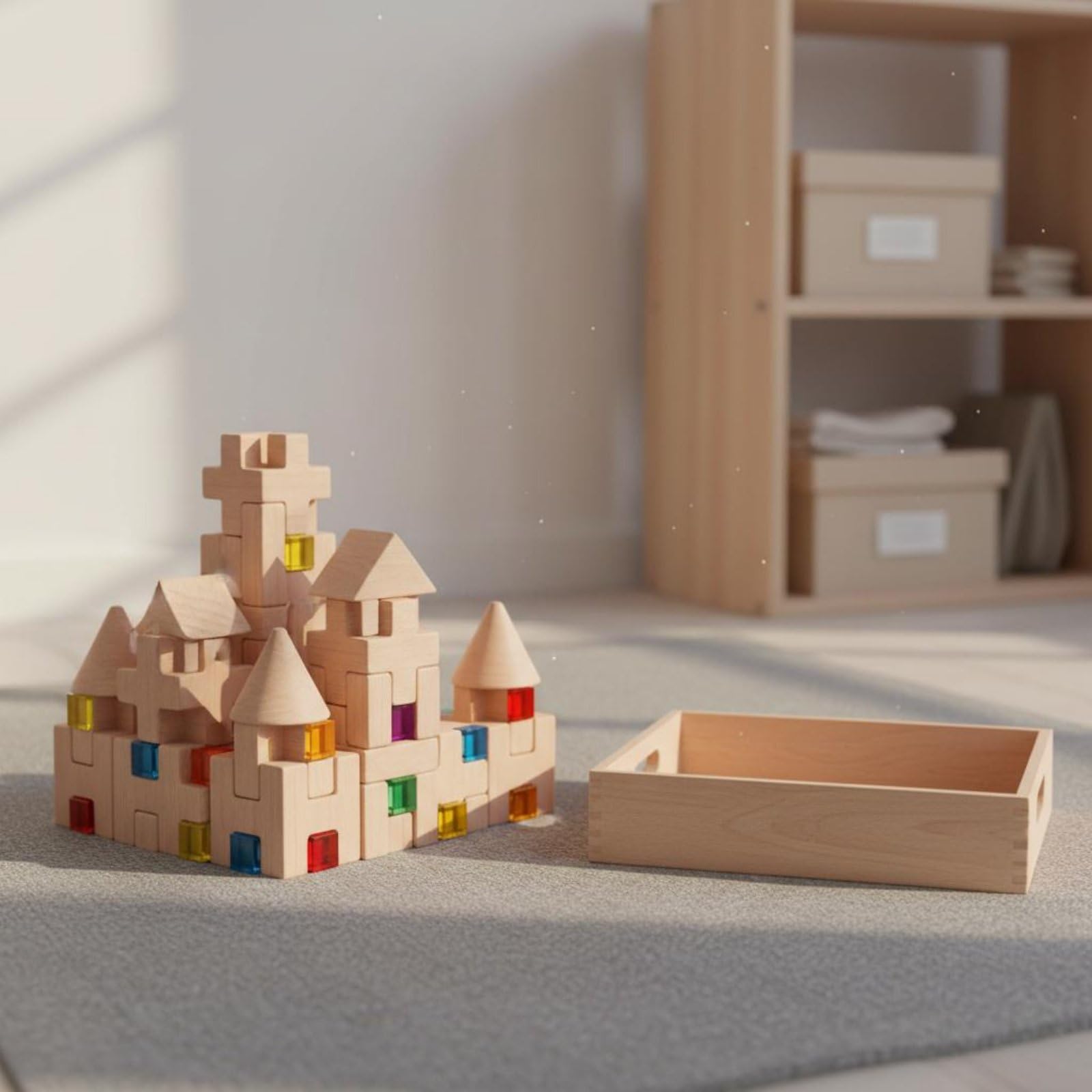 Holzbaustein Architekturspiel Konstruktionsbausteine Kreativset mit Durchsichtigen Acrylteilen für Sonnenlicht Effekte aus Buche für Vorschule Kindergarten Zuhause