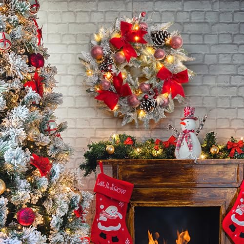 24" Prelit Christmas Wreath with Lights, Battery Operated Xmas Garland with Decorations, Wreath for Front Door Porch Wall Window Fireplace Outdoor Home Holiday Accent