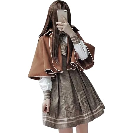 Amazon 熊クマロリータドレス無地マントネクタイ３点セット刺繍格子チェック柄長袖ワンピース洋服日系イギリス学院風学生コスプレ日常服ゴスロリ ワンピース 復古人形師 ロリィタ Op 膝丈 Lolita ブラウン L コスプレ 仮装 通販