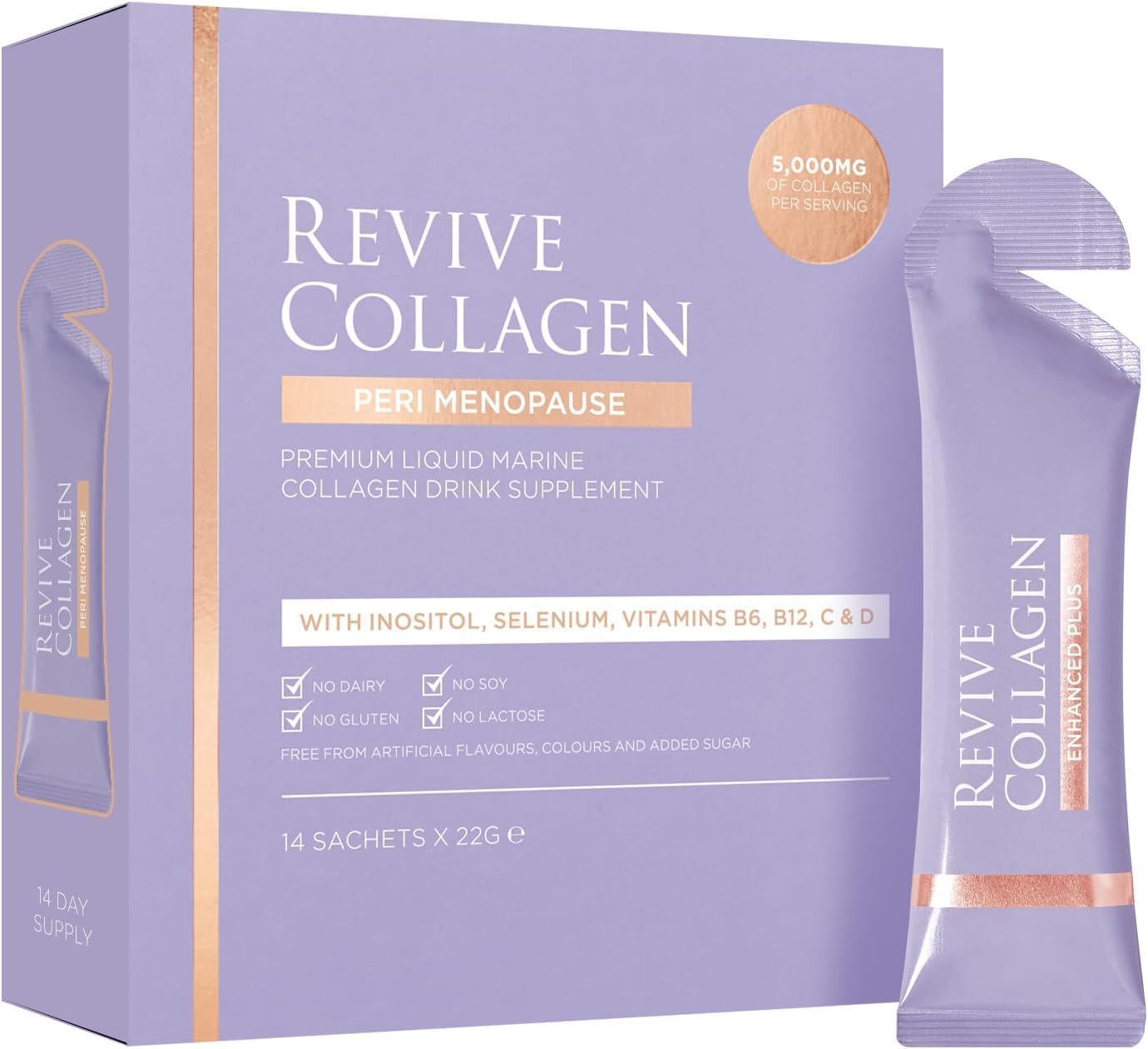 Revive Collagen Perimenopause — Hydrolyzed Marine Collagen Drink for Women, 5,000MG, Inositol, Selenium, Vitamin B6-B12, C & D, Supports Skin Health, Reduces Fatigue, Passionfruit Flavour — 14 Sachets