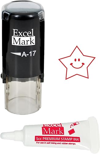 Sello redondo para profesores - Happy Star - Tinta roja (Sello más tinta de repuesto de 5 cc)