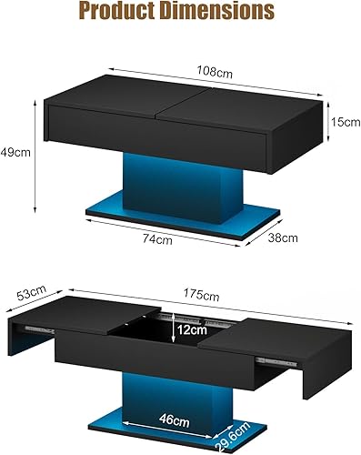 Miniatura 2 de Mesa de centro LED para sala de estar, parte superior deslizante con almacenamiento oculto, mesas de centro modernas con luces LED de 16 colores,