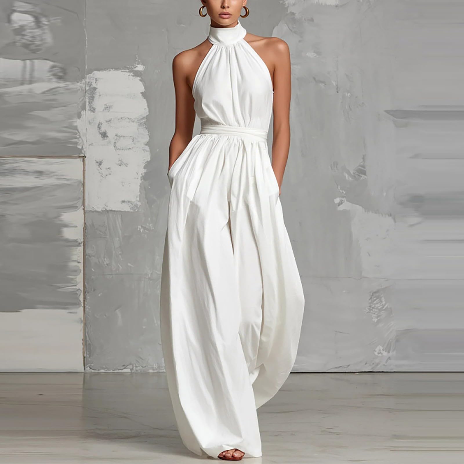 Tuta da donna elegante per matrimonio, taglie forti, pantaloni con allacciatura al collo | Tuta intera a gamba larga con tasche, vestibilità ampia, tinta unita, per ospiti di nozze