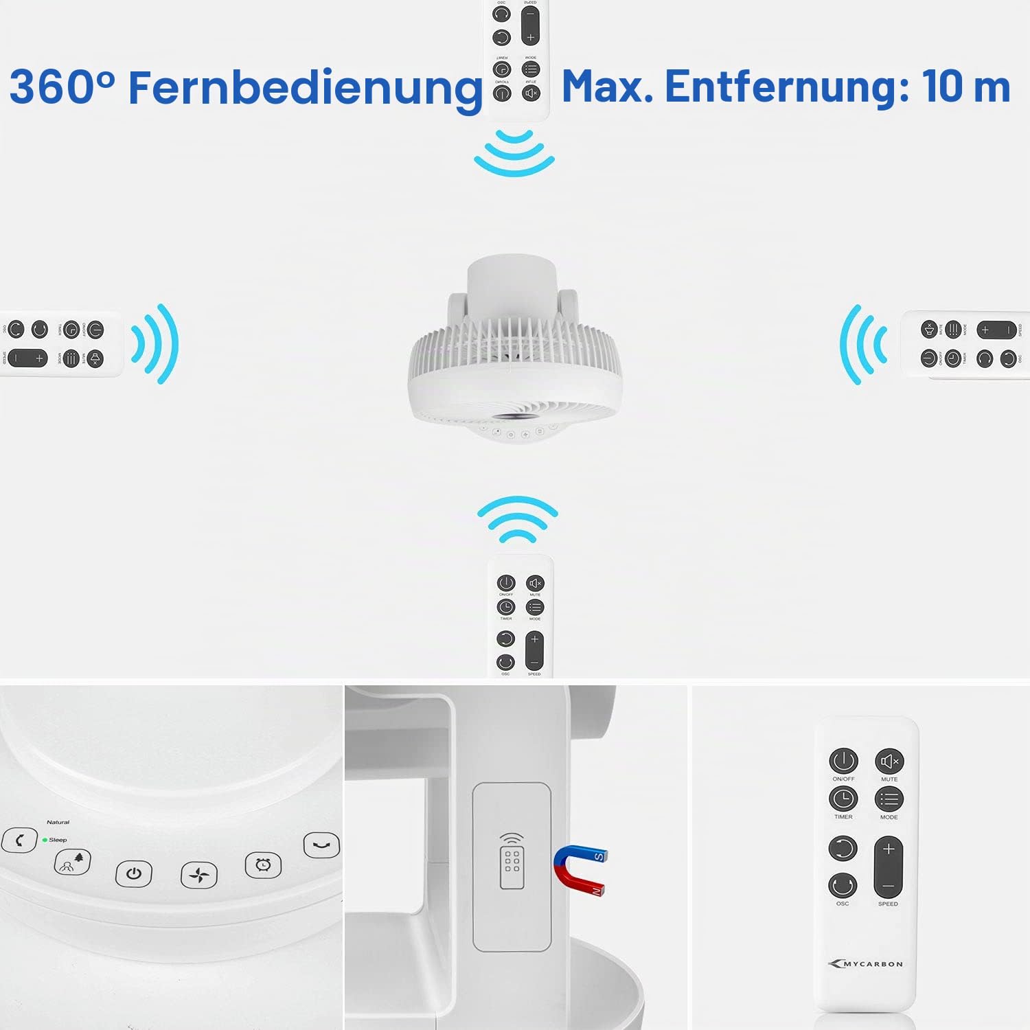 MYCARBON Leiser Ventilator mit Fernbedienung 1800 m³/h ECO-Modus 3D Oszillation 4 Geschwindigkeiten 12 Stunden Timer Tischventilator