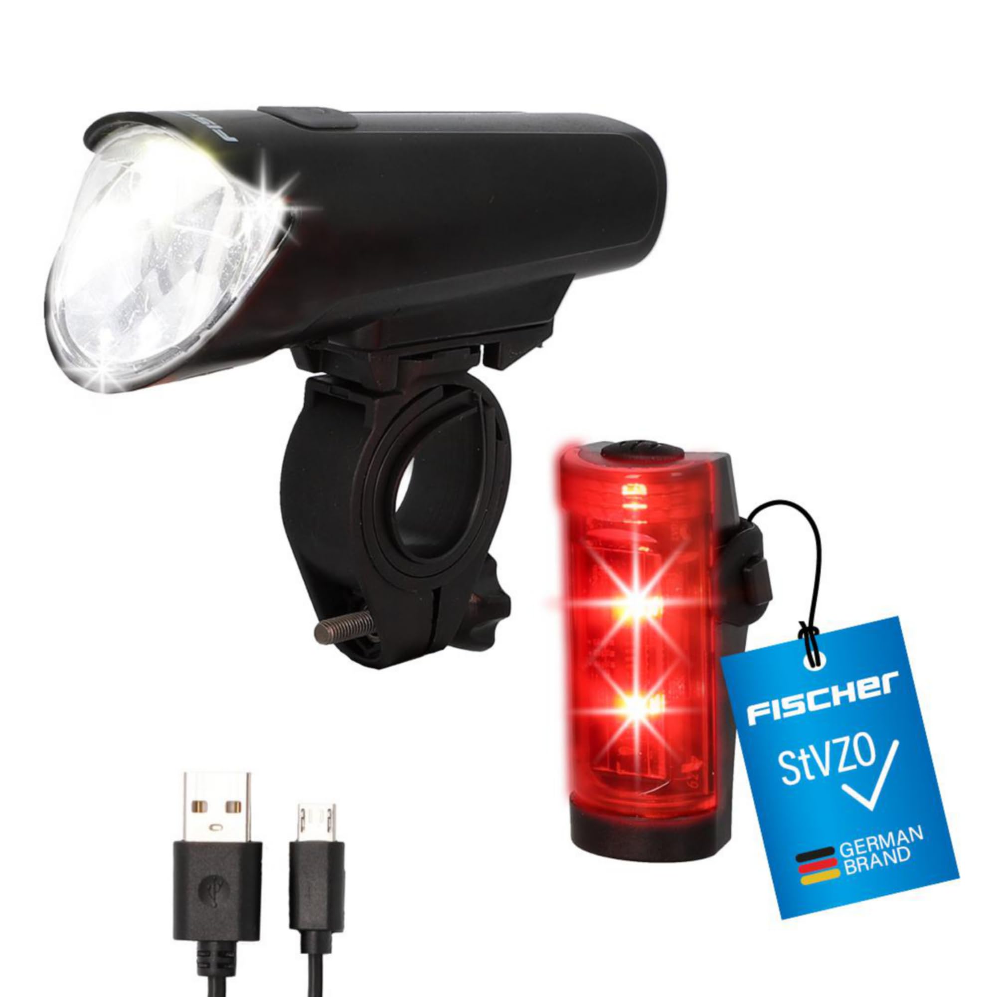 Fischer Fahrrad LED-Akku Beleuchtungs-Set small-Box, spritzwassergeschützt, wiederaufladbar
