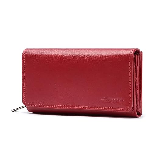 Frentree® Damen Geldbörse aus echtem Nappaleder, großes Leder Portemonnaie mit RFID-Schutz, weiches Echtleder Portmonee, viele Fächer, Rot