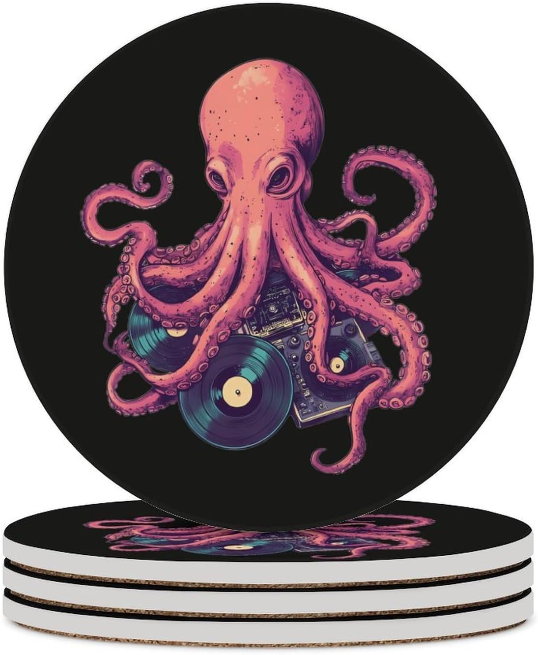 DJ Octopus Round Ceramic Coasters Print Drinks Absorbent with Cork Base for Home Decor Gifts 4 Inch