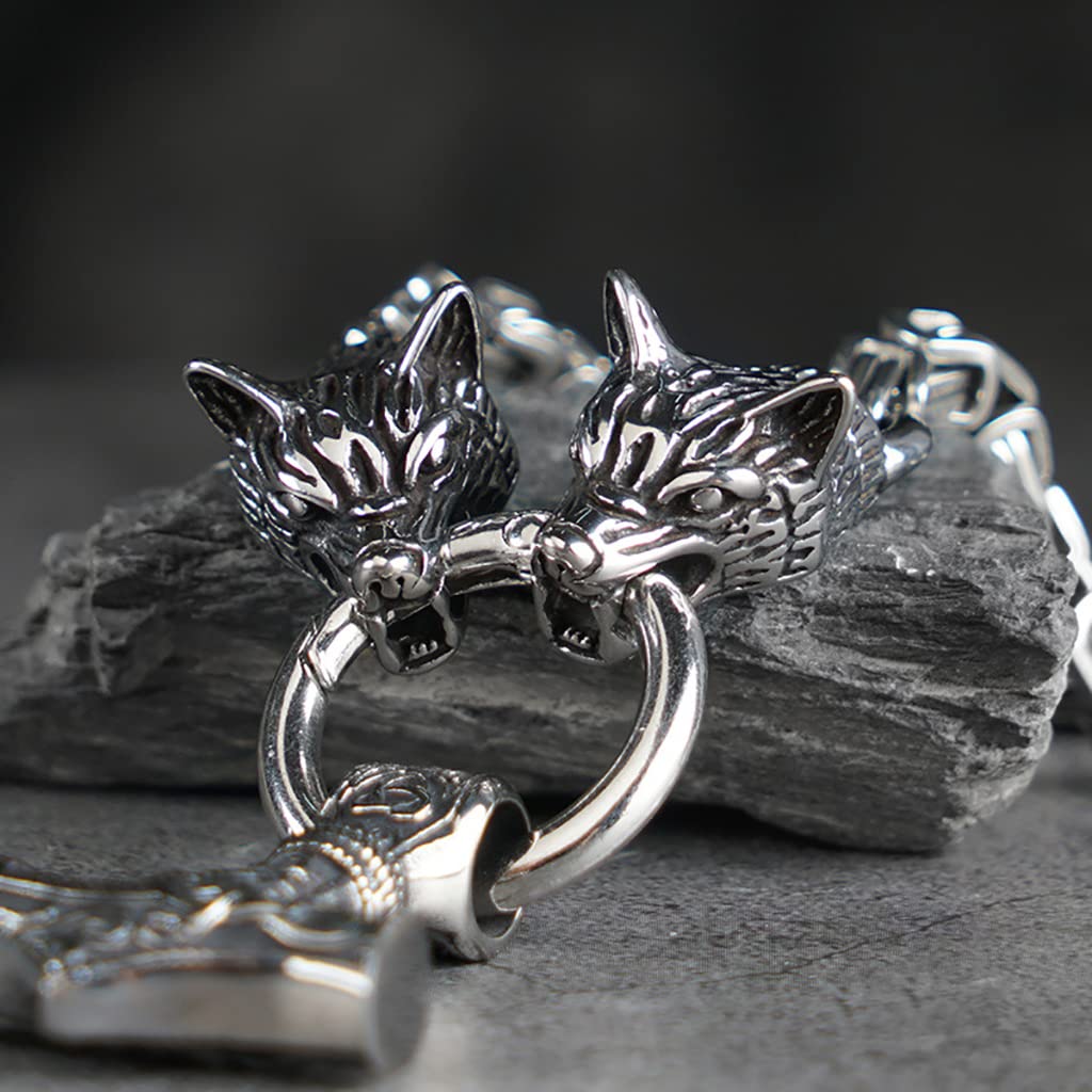 Nordische Wikinger-Halskette Odin Thors Hammer Wolfskopf Talisman-Anhänger-Halskette Wikinger-Amulett-Anhänger-Halskette Nordischer Wikinger-Schmuck für Männer mit Geschenkbox,Silber